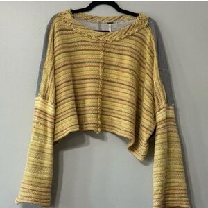 Free People Yellow Striped Cropped Crewneck Sweater